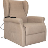 Poltrona reclinabile elettrica alzapersona in tessuto, disponibile nei colori grigio e tortora, con telecomando e meccanismo relax motorizzato.