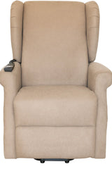 Poltrona reclinabile elettrica alzapersona in tessuto, disponibile nei colori grigio e tortora, con telecomando e meccanismo relax motorizzato.