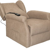 Poltrona reclinabile elettrica alzapersona in tessuto, disponibile nei colori grigio e tortora, con telecomando e meccanismo relax motorizzato.