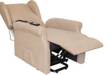 Poltrona reclinabile elettrica alzapersona in tessuto, disponibile nei colori grigio e tortora, con telecomando e meccanismo relax motorizzato.