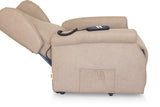 Poltrona reclinabile elettrica alzapersona in tessuto, disponibile nei colori grigio e tortora, con telecomando e meccanismo relax motorizzato.