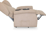 Poltrona reclinabile elettrica alzapersona in tessuto, disponibile nei colori grigio e tortora, con telecomando e meccanismo relax motorizzato.