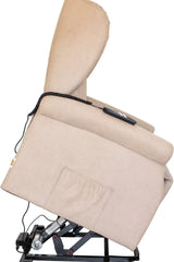 Poltrona reclinabile elettrica alzapersona in tessuto, disponibile nei colori grigio e tortora, con telecomando e meccanismo relax motorizzato.