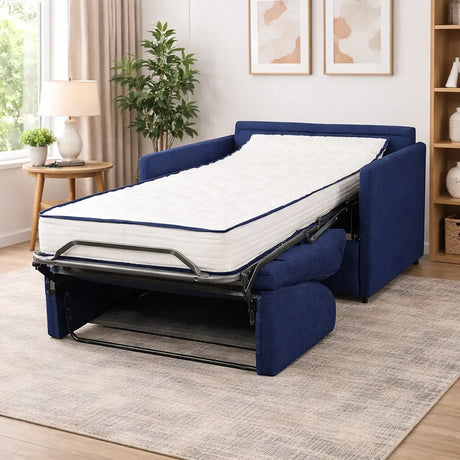 Poltrona letto trasformabile con materasso alto 18 cm e rivestimento in tessuto idrorepellente e antimacchia in vari colori.