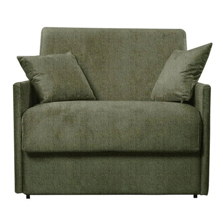 Poltrona letto trasformabile con materasso alto 18 cm e rivestimento in tessuto idrorepellente e antimacchia in vari colori.