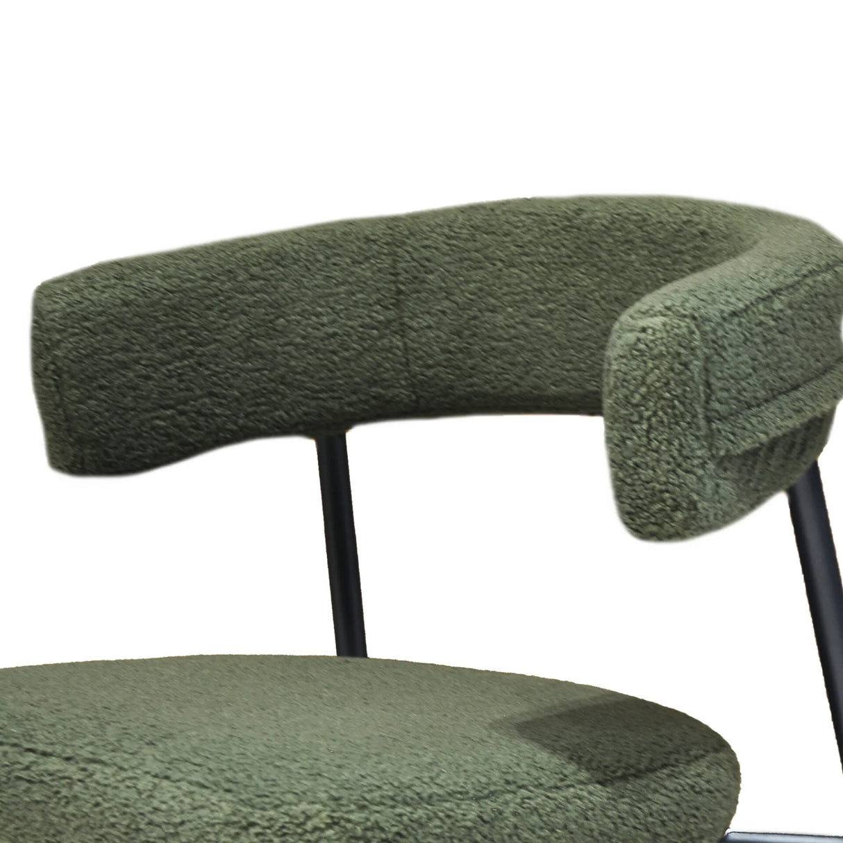 Poltrona Megan in tessuto bouclé con gambe in metallo nero, stile moderno e avvolgente, disponibile in verde o corda