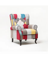 Poltrona reclinabile patchwork in tessuto policotone colorato con poggiapiedi, schienale comfort e struttura in legno robusta