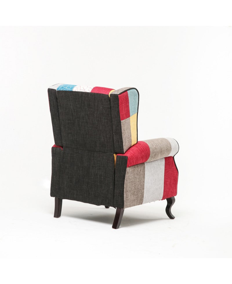 Poltrona reclinabile patchwork in tessuto policotone colorato con poggiapiedi, schienale comfort e struttura in legno robusta


