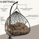 Poltrona sospesa Lita XL a uovo in rattan intrecciato con struttura in acciaio verniciato e cuscini grigi. Dondolo elegante per giardino e interni.

