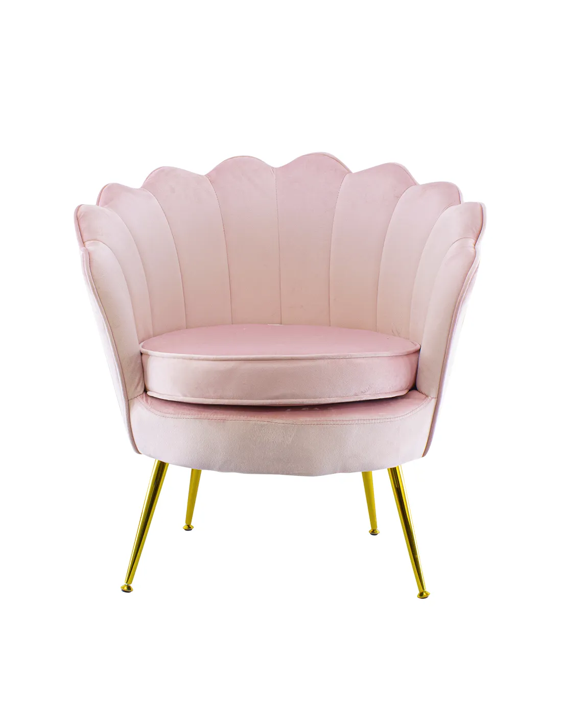 Poltrona in velluto con schienale a conchiglia e gambe dorate, ideale per soggiorno, camera da letto o ambienti eleganti.