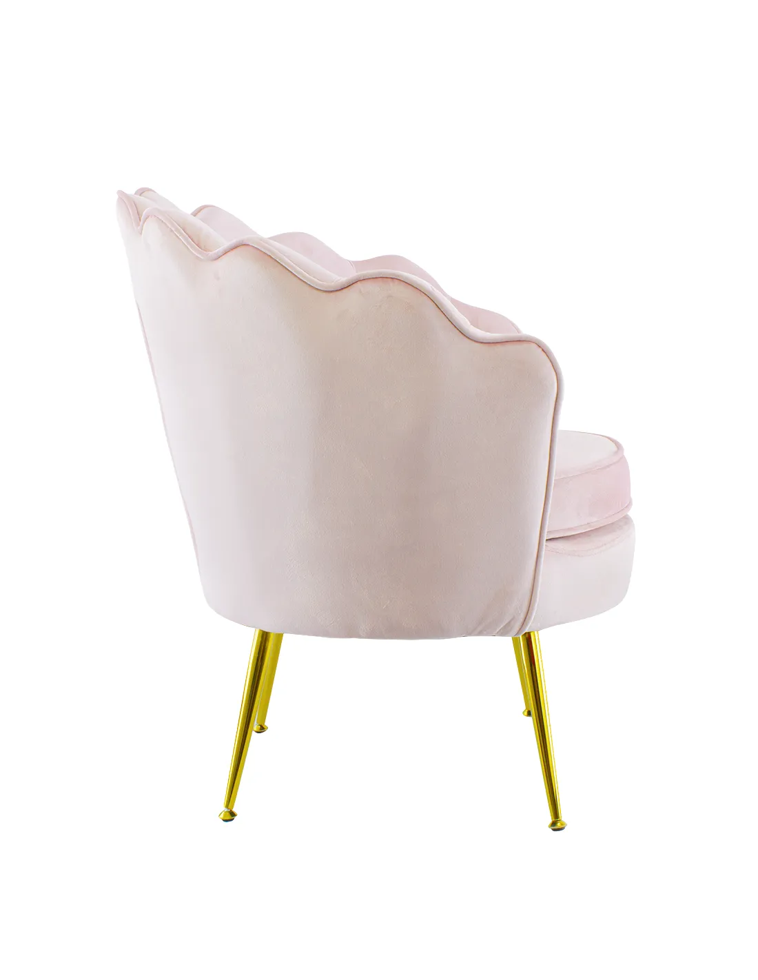 Poltrona in velluto con schienale a conchiglia e gambe dorate, ideale per soggiorno, camera da letto o ambienti eleganti.