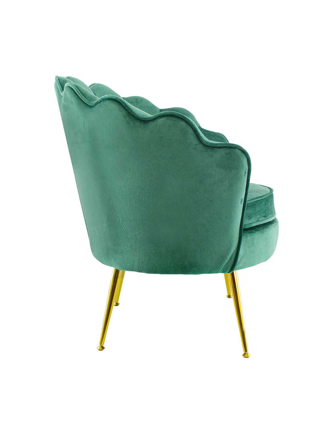 Poltrona in velluto con schienale a conchiglia e gambe dorate, ideale per soggiorno, camera da letto o ambienti eleganti.