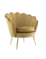 Poltrona in velluto con schienale a conchiglia e gambe dorate, ideale per soggiorno, camera da letto o ambienti eleganti.