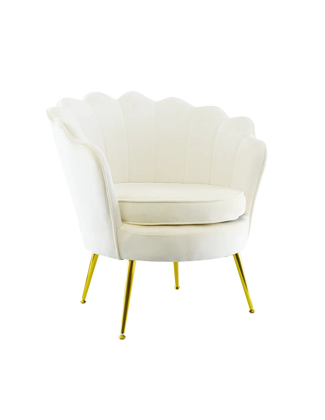 Poltrona in velluto con schienale a conchiglia e gambe dorate, ideale per soggiorno, camera da letto o ambienti eleganti.