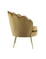 Poltrona in velluto con schienale a conchiglia e gambe dorate, ideale per soggiorno, camera da letto o ambienti eleganti.

