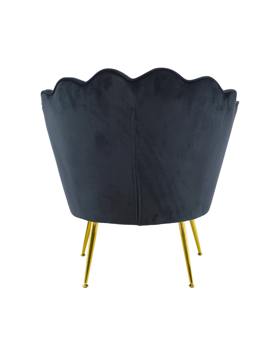 Poltrona in velluto con schienale a conchiglia e gambe dorate, ideale per soggiorno, camera da letto o ambienti eleganti.

