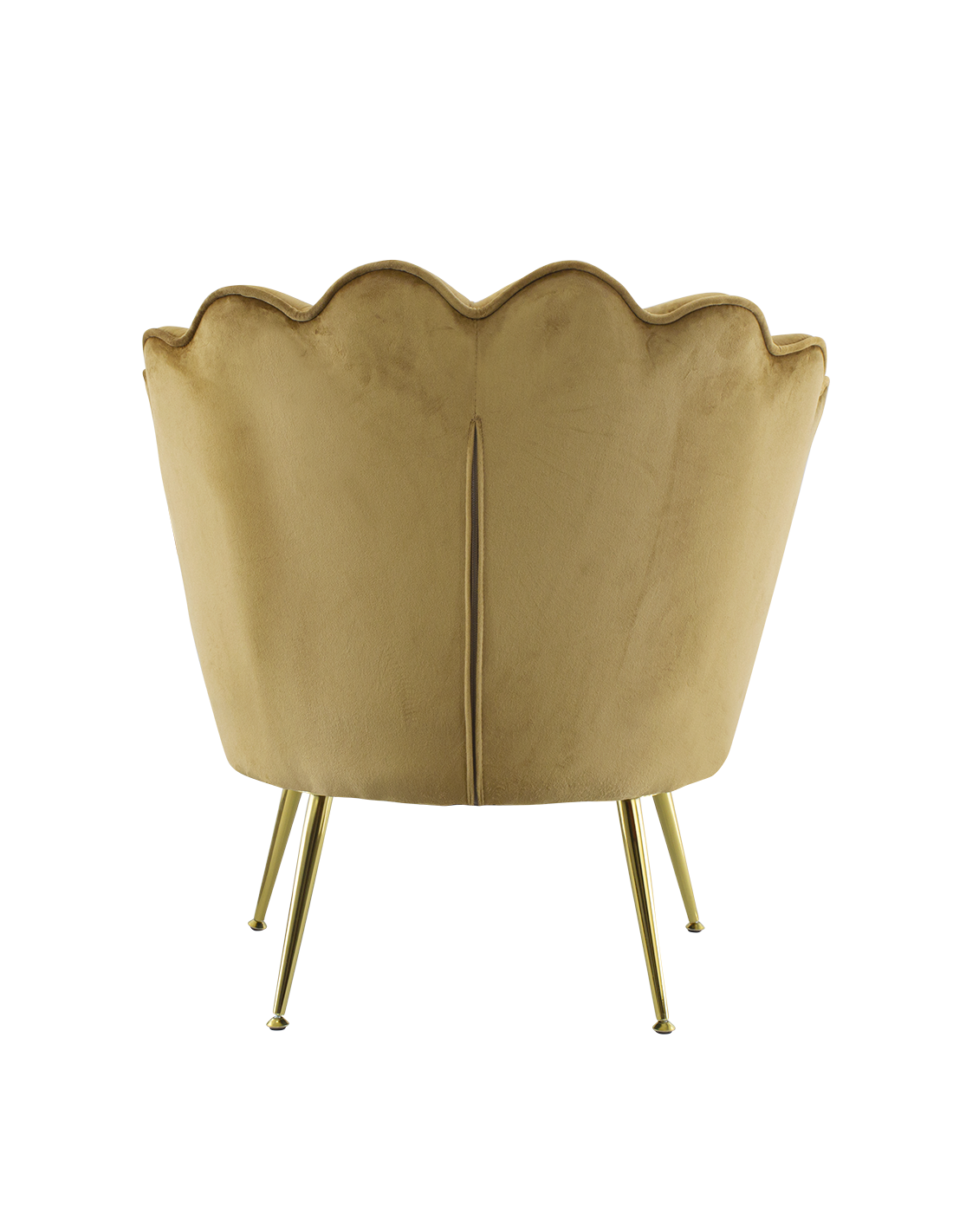Poltrona in velluto con schienale a conchiglia e gambe dorate, ideale per soggiorno, camera da letto o ambienti eleganti.