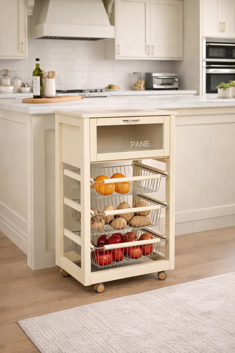 Carrello cucina in legno bianco con cesti in acciaio e piano in ceramica