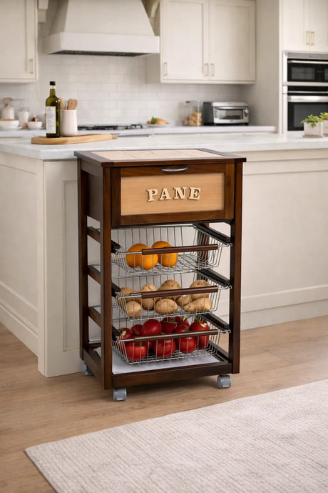 Carrello da cucina in legno noce con porta pane, piano in ceramica e cestelli in acciaio