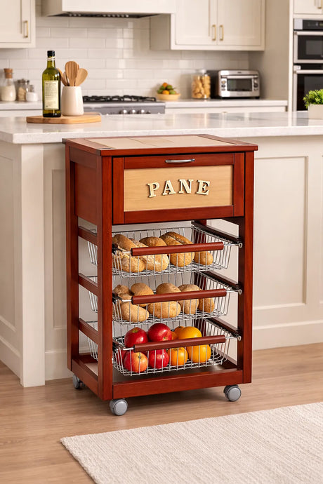 Carrello da cucina ciliegio con anta porta pane, cestelli in acciaio e piano in ceramica