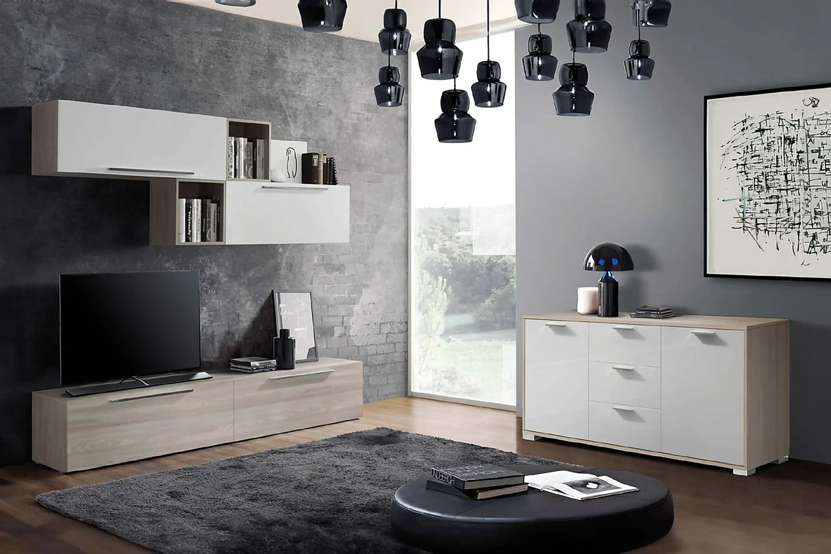 Sala Emanuela soggiorno moderno finitura olmo e bianco lucido.