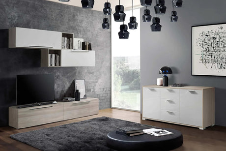 Sala Emanuela soggiorno moderno finitura olmo e bianco lucido.