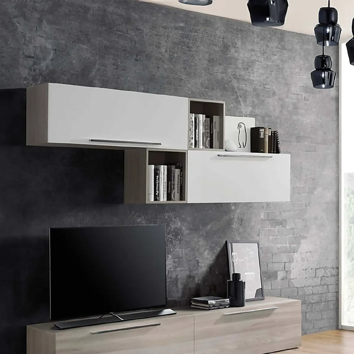 Sala Emanuela soggiorno moderno finitura olmo e bianco lucido.