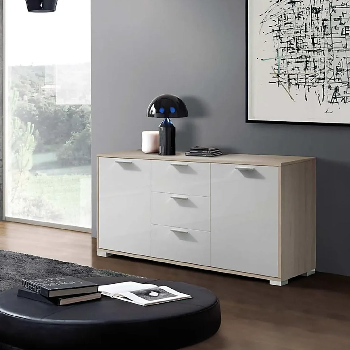 Sala Emanuela soggiorno moderno finitura olmo e bianco lucido.