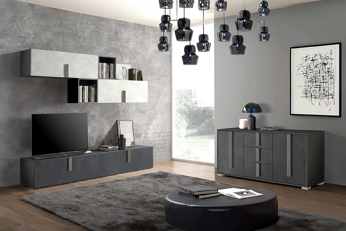 Sala Giada soggiorno moderno con parete attrezzata e madia finitura spatolato antracite e iron.