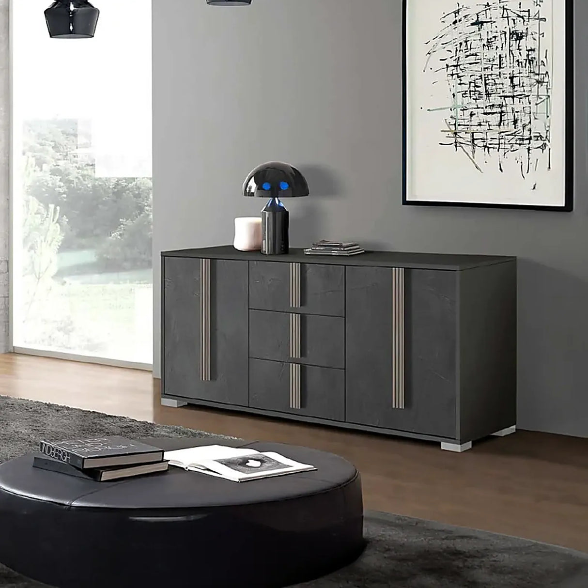 Sala Giada soggiorno moderno con parete attrezzata e madia finitura spatolato antracite e iron.