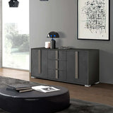 Sala Giada soggiorno moderno con parete attrezzata e madia finitura spatolato antracite e iron.