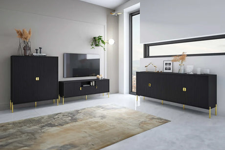 Composizione soggiorno Sala Olivia Black con finitura nera e dettagli oro.