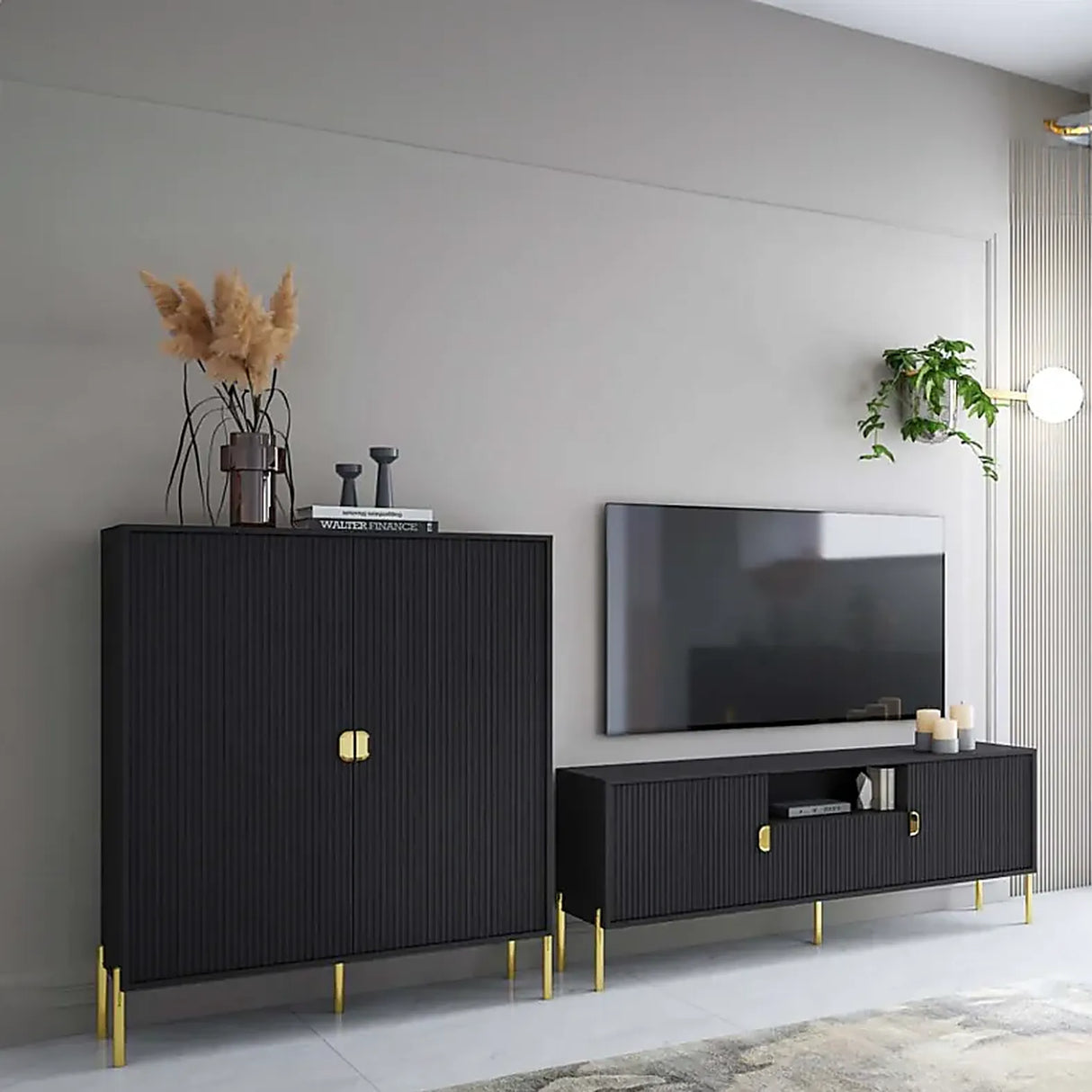 Composizione soggiorno Sala Olivia Black con finitura nera e dettagli oro.