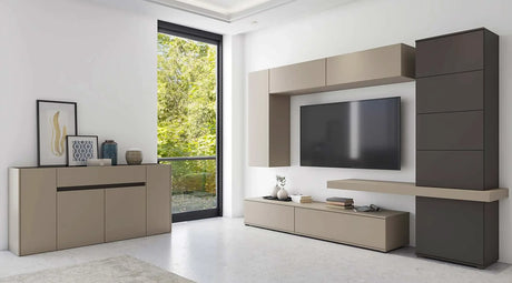 Sala Silvana soggiorno moderno con parete attrezzata e madia finitura Congo e Zonda.