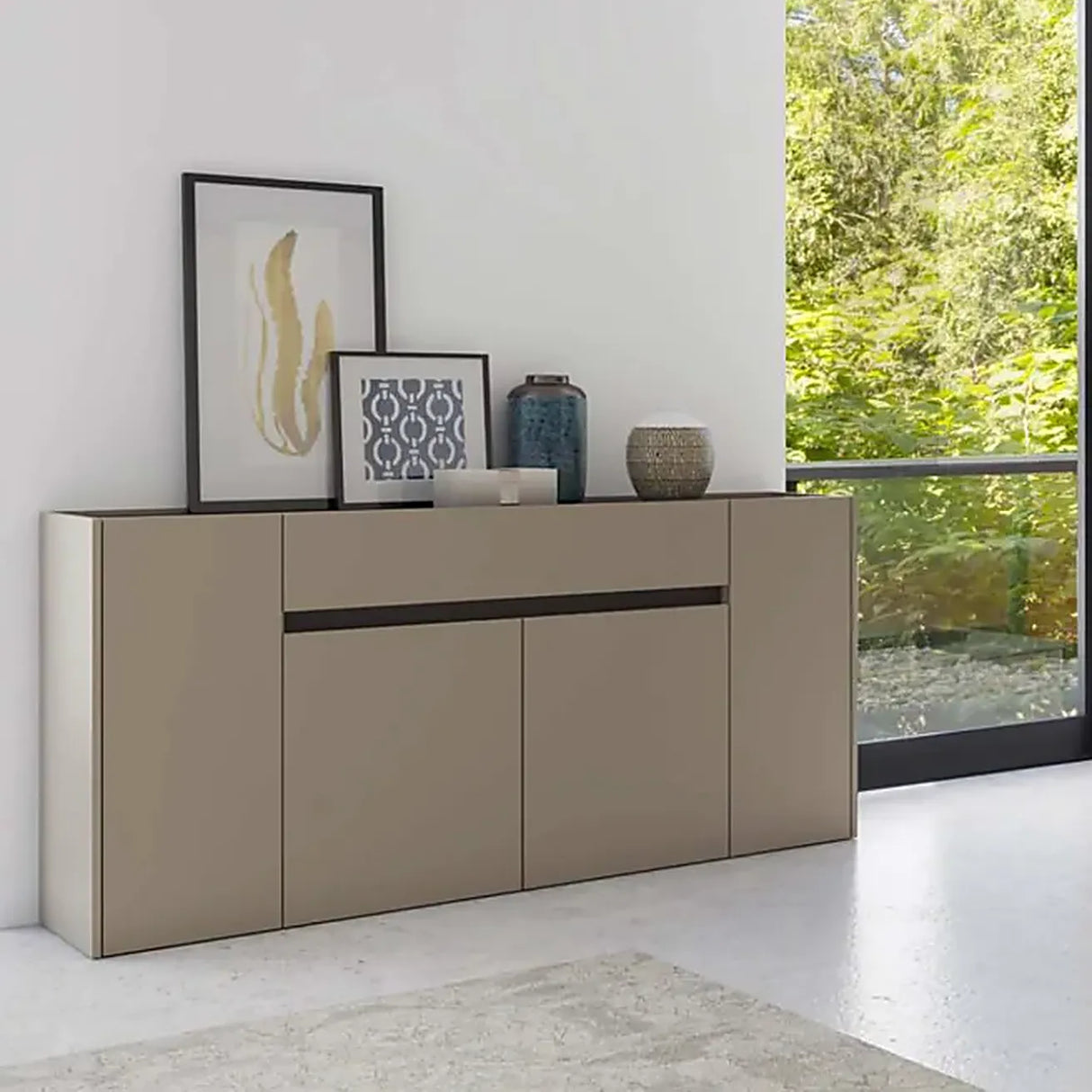 Sala Silvana soggiorno moderno con parete attrezzata e madia finitura Congo e Zonda.