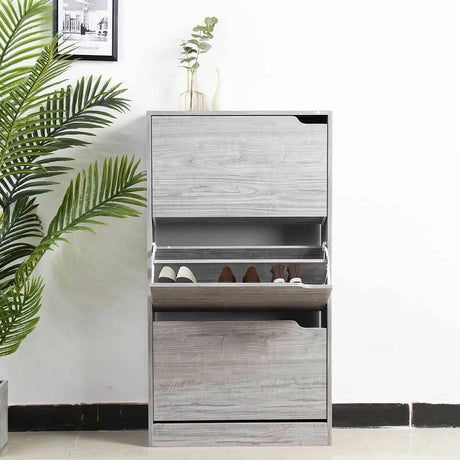 Scarpiera salvaspazio 3 ante ribalta doppia profondità in legno grigio o olmo, compatta ed elegante per ogni ambiente