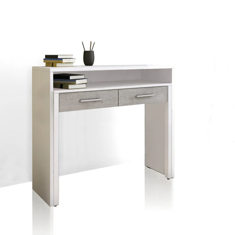 Scrivania consolle Miami con 2 cassetti e finitura moderna cemento e larice bianco