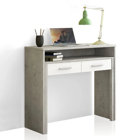 Scrivania consolle Miami con 2 cassetti e finitura moderna cemento e larice bianco