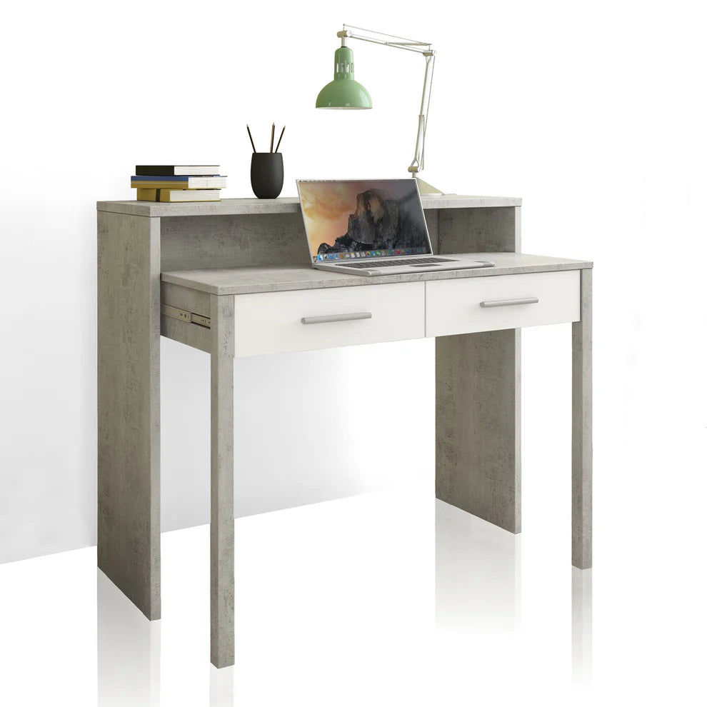 Scrivania consolle Miami con 2 cassetti e finitura moderna cemento e larice bianco