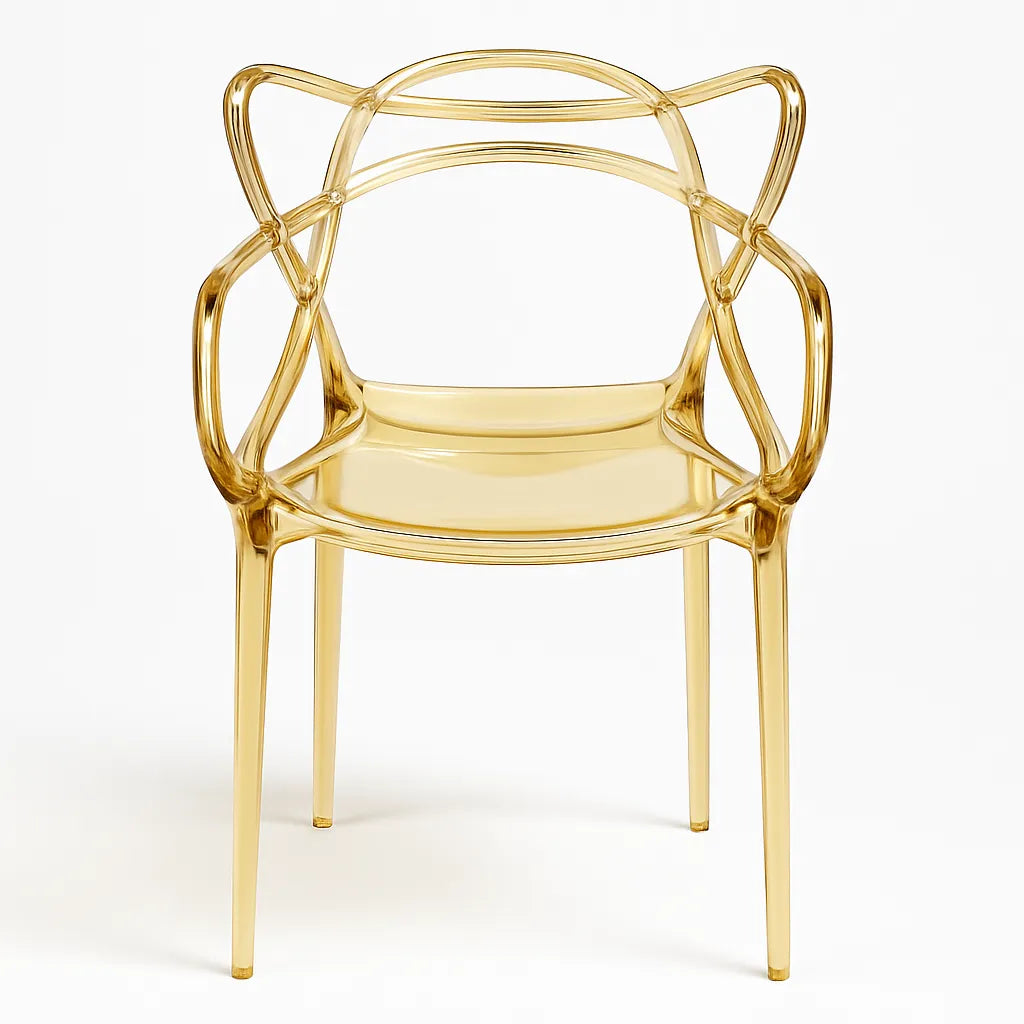Sedia Curve in polipropilene trasparente color oro con design moderno e linee intrecciate


