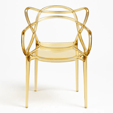 Sedia Curve in polipropilene trasparente color oro con design moderno e linee intrecciate

