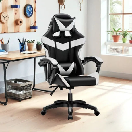 Sedia Gaming Nera e Bianca con Schienale Alto Reclinabile e Imbottitura in PVC