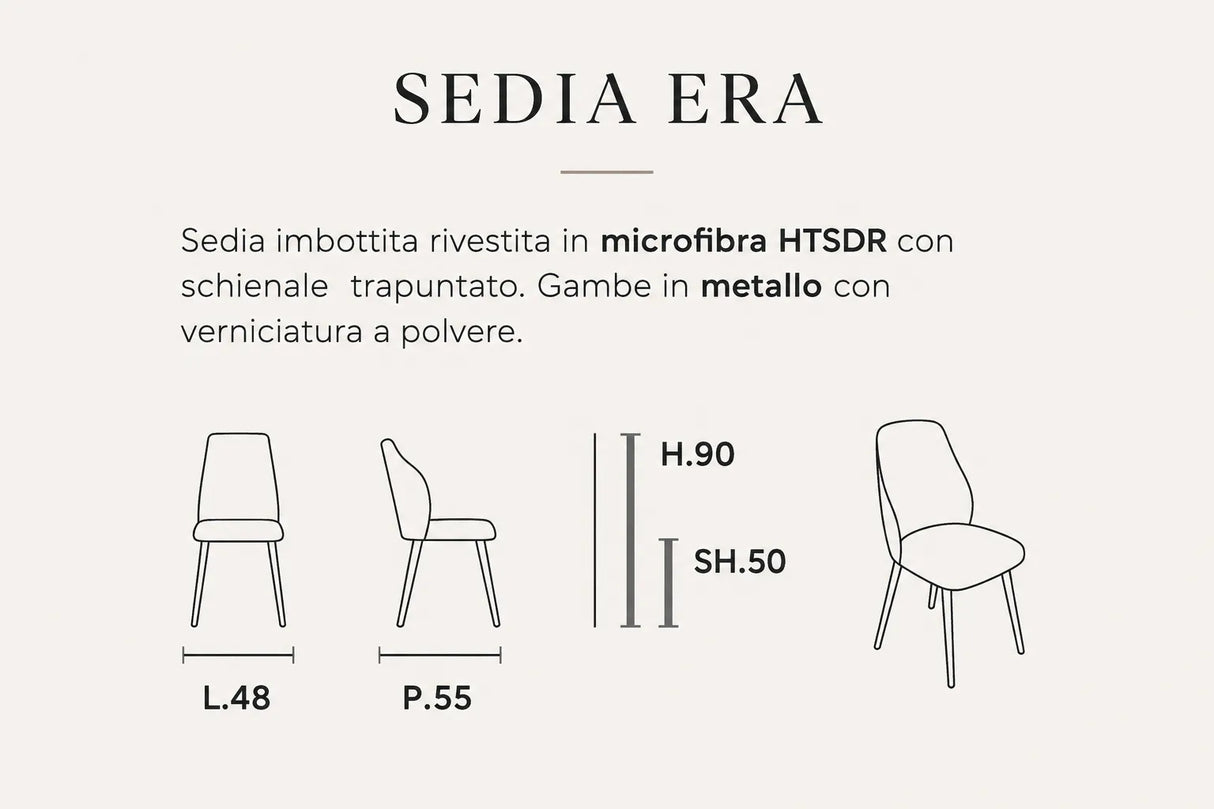 Sedia Era imbottita in microfibra HTSDR con schienale trapuntato e gambe in metallo verniciato a polvere