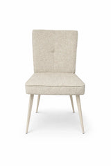 Sedia Eva rivestita in tessuto tortora o grigio con gambe in metallo verniciato.