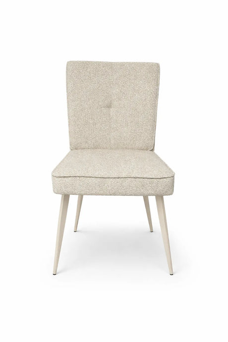 Sedia Eva rivestita in tessuto tortora o grigio con gambe in metallo verniciato.