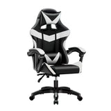 Sedia da gaming nera con dettagli bianchi e schienale alto reclinabile

