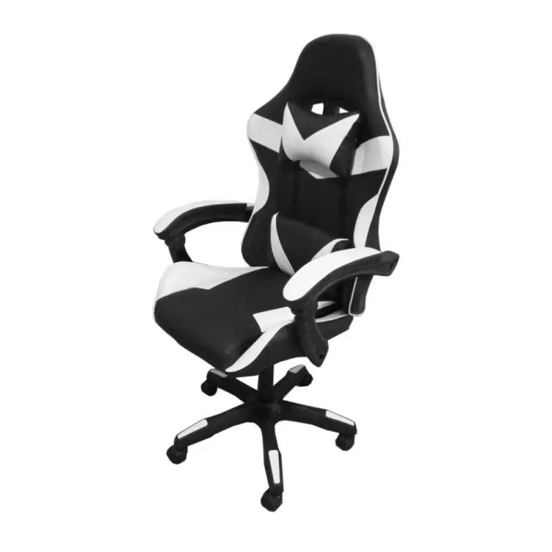 Sedia da gaming nera con dettagli bianchi e schienale alto reclinabile

