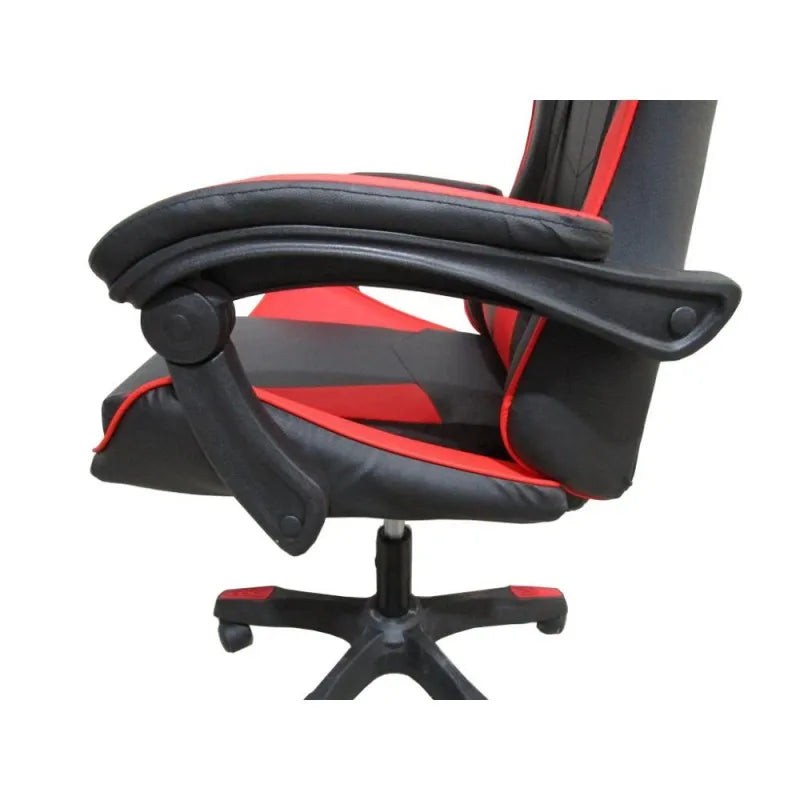 Sedia da gaming nera con dettagli rossi e schienale alto reclinabile


