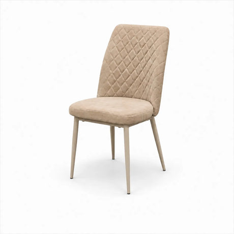 Sedia TUFI imbottita in microfibra HTSDR con schienale trapuntato e gambe in metallo, disponibile nei colori Tortora, Cammello e Grigio, venduta in set da 2.