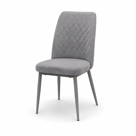 Sedia TUFI imbottita in microfibra HTSDR con schienale trapuntato e gambe in metallo, disponibile nei colori Tortora, Cammello e Grigio, venduta in set da 2.